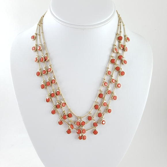Anne Klein layer necklace gold tone orange accents 3 strands pop color - Picture 5 of 16